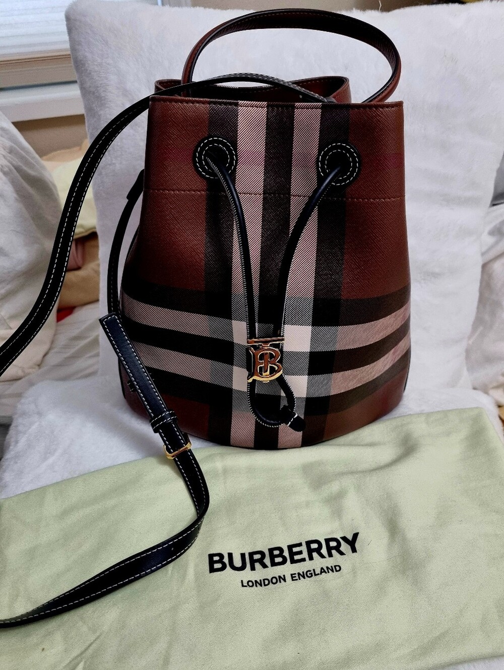 Burberry Brown Black & Beige Check Drawstring Bucket Bag